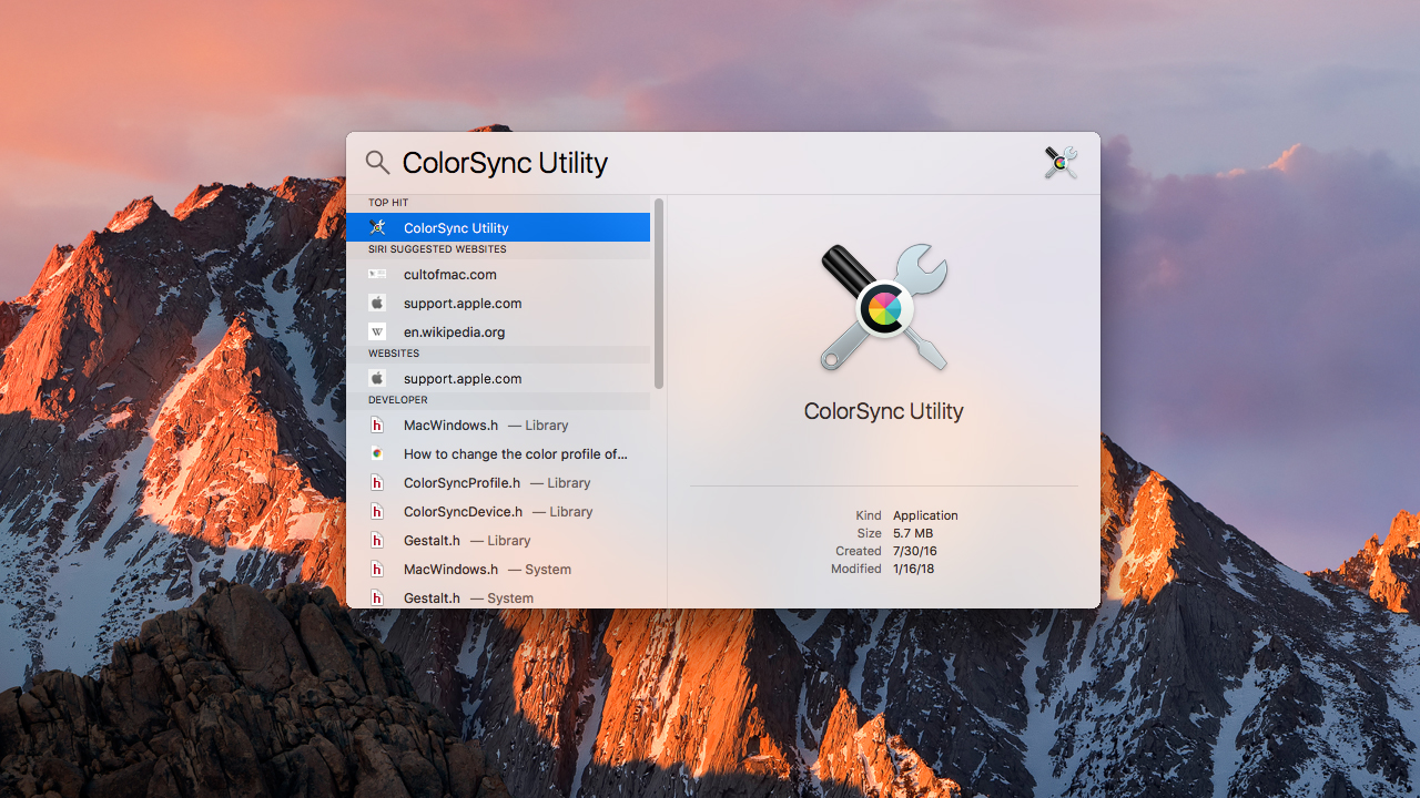 Mac Spotlight ColorSync Utility